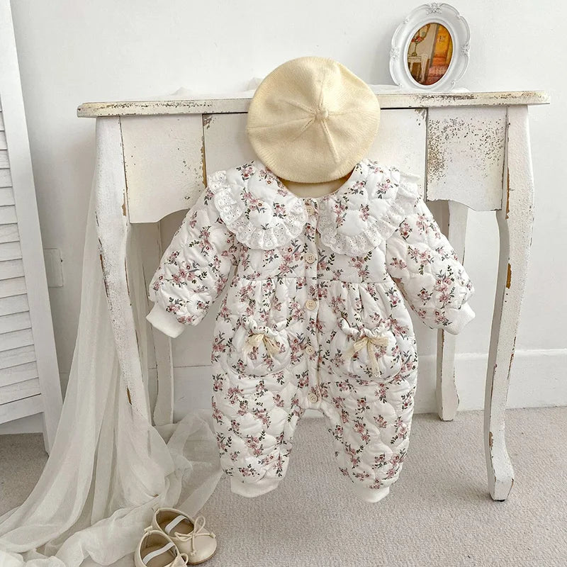 アウタージャンプスーツ ベビーアウタージャンプスーツ キルティングロンパース フラワープリント フリルカラー ガールズ 女の子 子供服