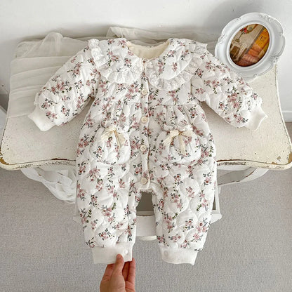 アウタージャンプスーツ ベビーアウタージャンプスーツ キルティングロンパース フラワープリント フリルカラー ガールズ 女の子 子供服
