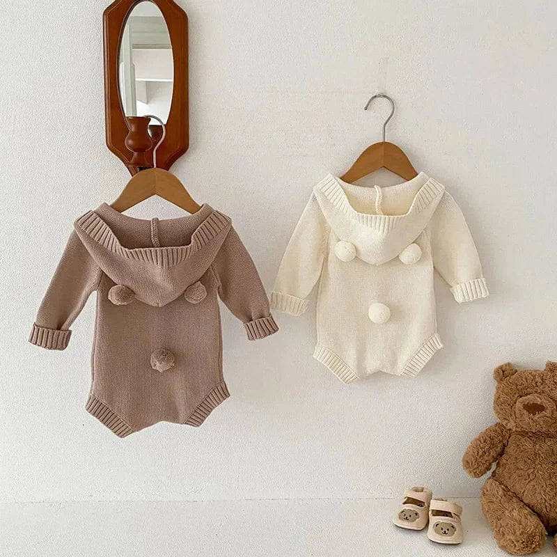 長袖ロンパース ベビー長袖ロンパース ニットクマ耳フーディボディスーツ ベージュ コーヒー ユニセックス 男の子 女の子 子供服
