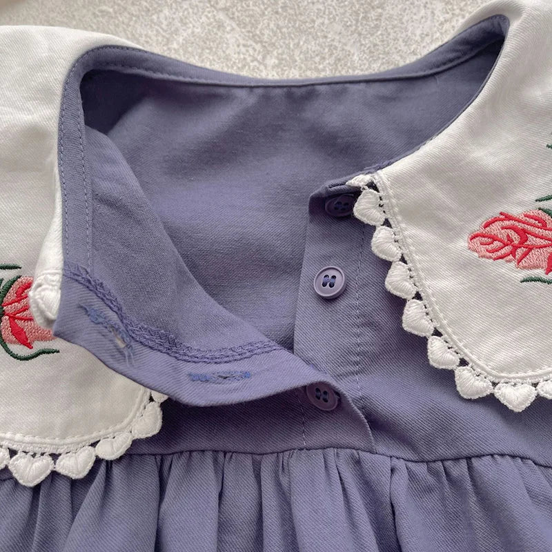 長袖ロンパース ベビー長袖ロンパース フラワー 花柄刺繍 ビッグカラー ビッグ襟 パープル ガールズ 女の子 子供服