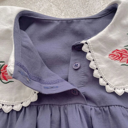 長袖ロンパース ベビー長袖ロンパース フラワー 花柄刺繍 ビッグカラー ビッグ襟 パープル ガールズ 女の子 子供服