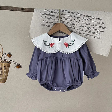 長袖ロンパース ベビー長袖ロンパース フラワー 花柄刺繍 ビッグカラー ビッグ襟 パープル ガールズ 女の子 子供服