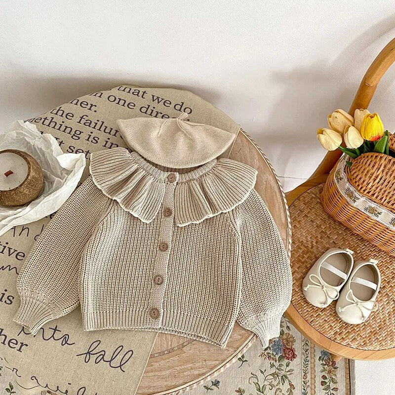 カーディガン・パーカー ベビーカーディガン ニットジャケット ビッグカラー フリル襟付き ベージュ ガールズ 女の子 子供服