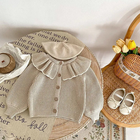 カーディガン・パーカー ベビーカーディガン ニットジャケット ビッグカラー フリル襟付き ベージュ ガールズ 女の子 子供服