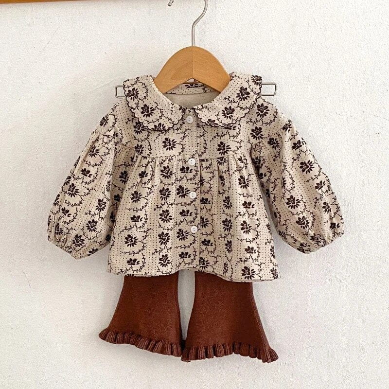 長袖シャツ・ブラウス ベビー長袖ブラウス フレアパンツ 単品 フラワー 花柄プリントトップス 無地ニットパンツ ガールズ 女の子 子供服
