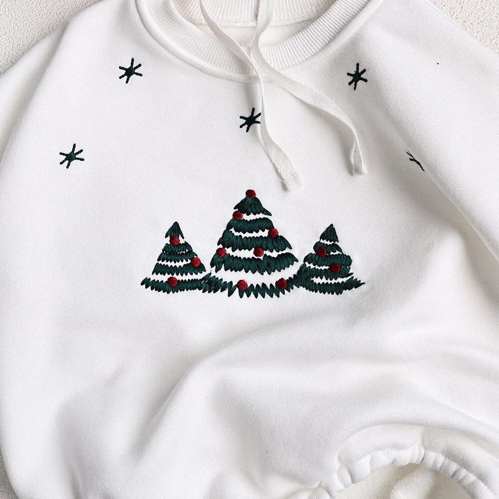 長袖ロンパース ベビー長袖ロンパース とんがり帽子セット クリスマス コスチューム 裏フリース もみの木 クリスマスツリープリント ホワイト ユニセックス 男の子 女の子 子供服