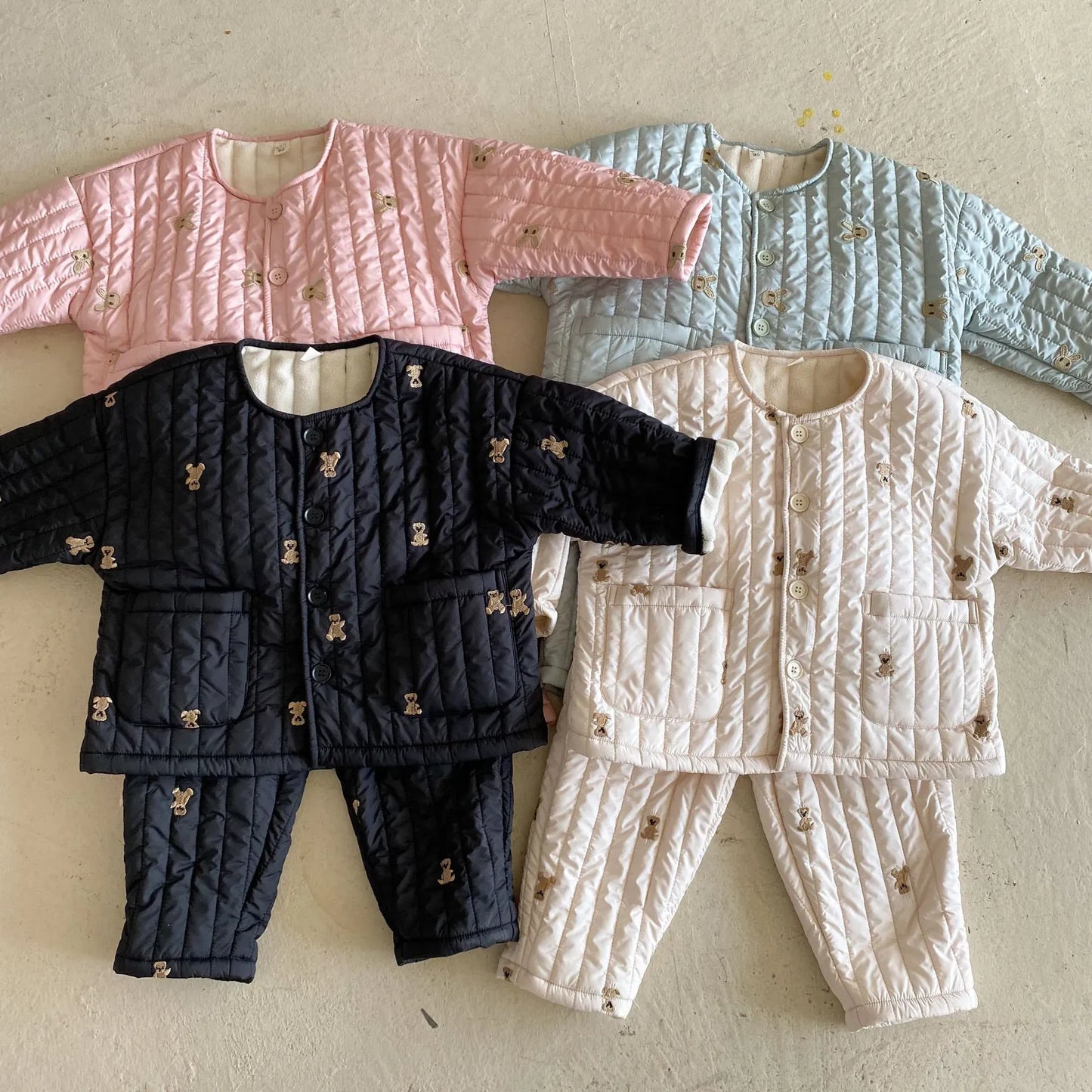 長袖パジャマ キッズ くま ベア 刺繍 キルティング パジャマ セット