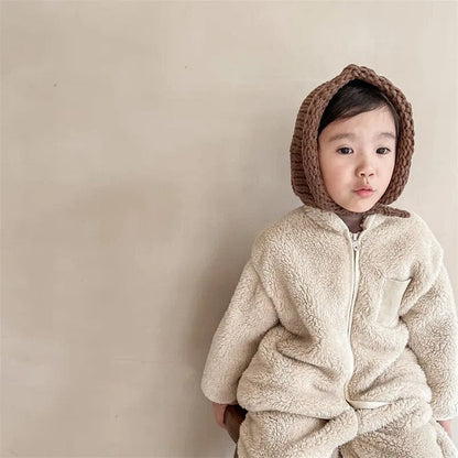 キッズ用フリースセット、ベージュのフード付きジャケット＆パンツ