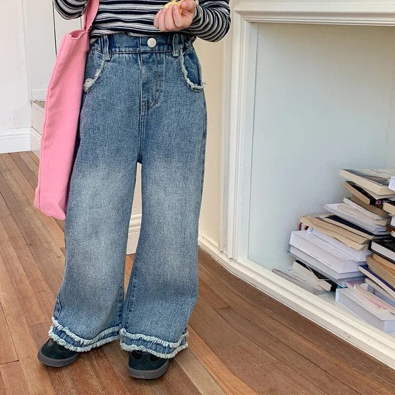 デニムパンツ キッズ デニムパンツ ジーンズ フリンジ ルーズワイドパンツ ストレート ジーパン ブルー ユニセックス 男の子 女の子 子供服