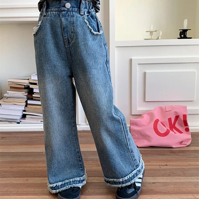 デニムパンツ キッズ デニムパンツ ジーンズ フリンジ ルーズワイドパンツ ストレート ジーパン ブルー ユニセックス 男の子 女の子 子供服