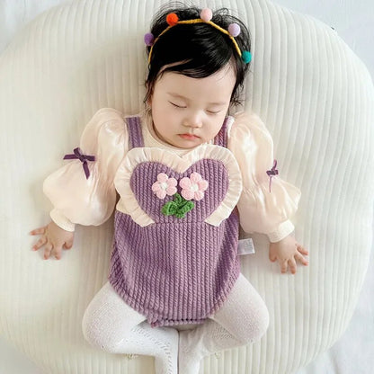 長袖ロンパース ベビー 長袖ロンパース サスペンダーパンツドッキング リボン パープル ガールズ 女の子 子供服