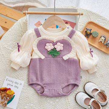 長袖ロンパース ベビー 長袖ロンパース サスペンダーパンツドッキング リボン パープル ガールズ 女の子 子供服