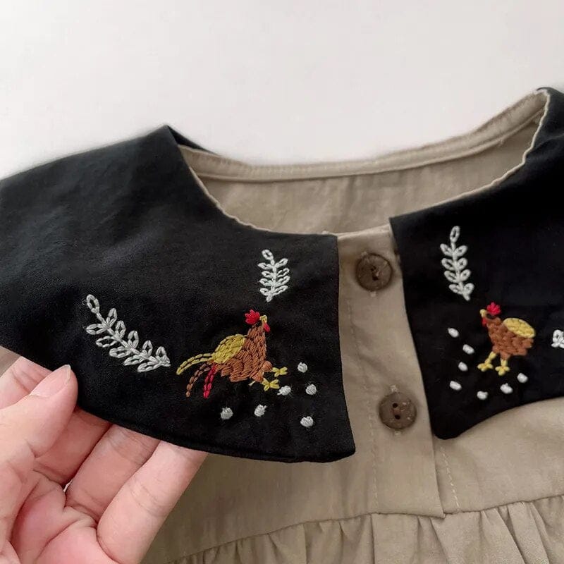 長袖ロンパース ベビー 長袖ロンパース ニワトリ刺繍 襟付きロンパース グレー ガールズ 女の子 子供服