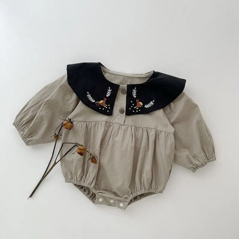 長袖ロンパース ベビー 長袖ロンパース ニワトリ刺繍 襟付きロンパース グレー ガールズ 女の子 子供服