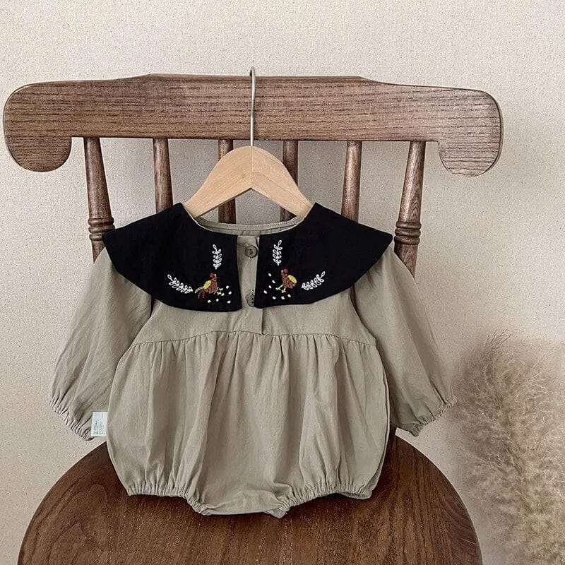 長袖ロンパース ベビー 長袖ロンパース ニワトリ刺繍 襟付きロンパース グレー ガールズ 女の子 子供服
