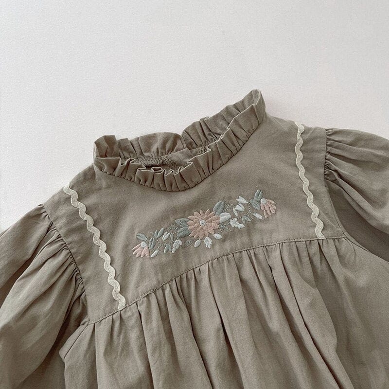 長袖ロンパース ベビー 長袖ロンパース フラワー 花柄 刺繍 フリル スタンドカラー グレーグリーン ガールズ 女の子 子供服