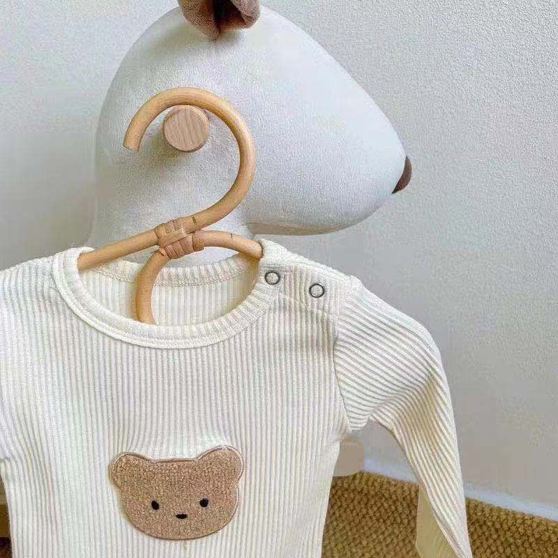 長袖ロンパース ベビー服 長袖 ロンパース くま ベア ワッペン 無地 ベージュ 男の子 女の子