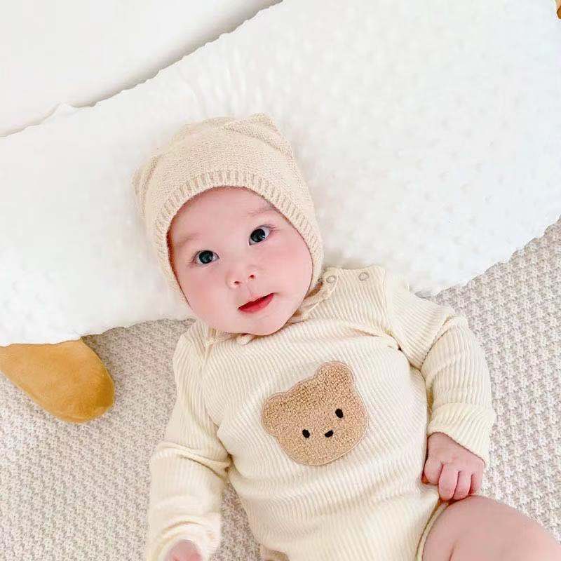 長袖ロンパース ベビー服 長袖 ロンパース くま ベア ワッペン 無地 ベージュ 男の子 女の子