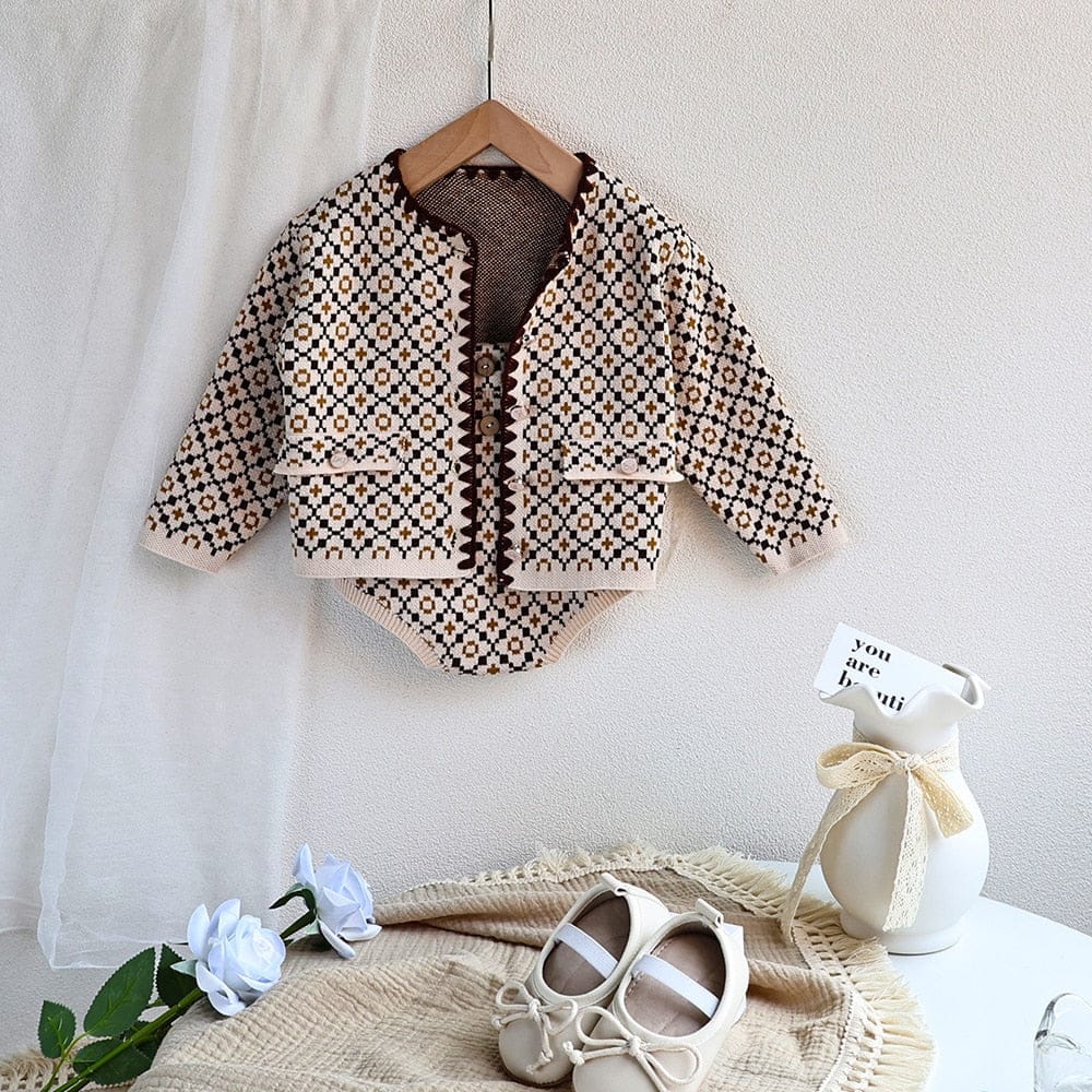 カーディガン・パーカー ベビー服 カーディガン ジャケット ブルマパンツ ニット レトロフラワー チェック 単品 女の子