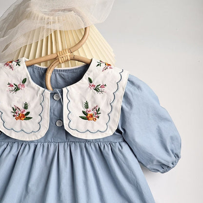 長袖ロンパース ☺︎ ベビー服 ワンピース ロンパース フラワー 長袖 刺繍 ビッグ襟 ガーリー 女の子