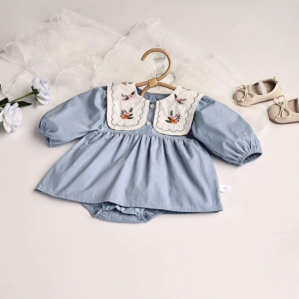 長袖ロンパース ☺︎ ベビー服 ワンピース ロンパース フラワー 長袖 刺繍 ビッグ襟 ガーリー 女の子