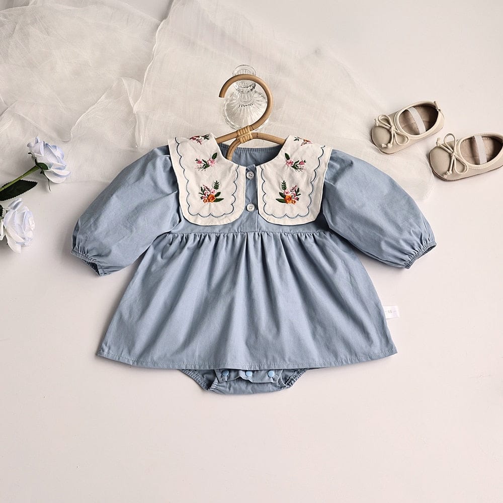 長袖ロンパース ☺︎ ベビー服 ワンピース ロンパース フラワー 長袖 刺繍 ビッグ襟 ガーリー 女の子