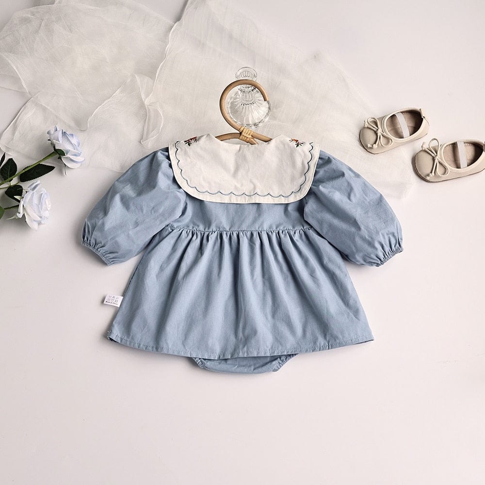 長袖ロンパース ☺︎ ベビー服 ワンピース ロンパース フラワー 長袖 刺繍 ビッグ襟 ガーリー 女の子