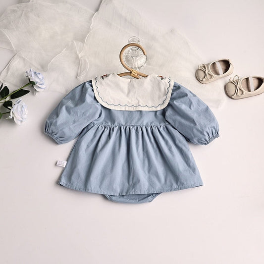 長袖ロンパース ☺︎ ベビー服 ワンピース ロンパース フラワー 長袖 刺繍 ビッグ襟 ガーリー 女の子