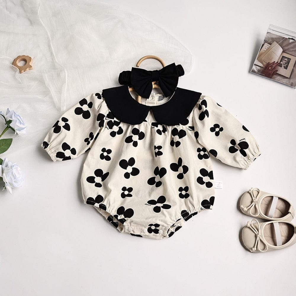 長袖ロンパース ベビー服 ロンパース レトロ フラワー 長袖 リボンヘアバンド セット モノトーン 女の子