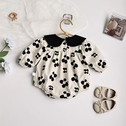 長袖ロンパース ベビー服 ロンパース レトロ フラワー 長袖 リボンヘアバンド セット モノトーン 女の子