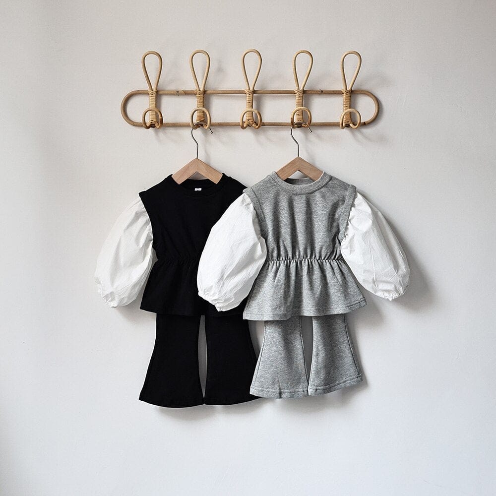 長袖セットアップ キッズ セットアップ 長袖 パッチワーク チュニック ブラウス フレア ロングパンツ ブラック グレー ガールズ