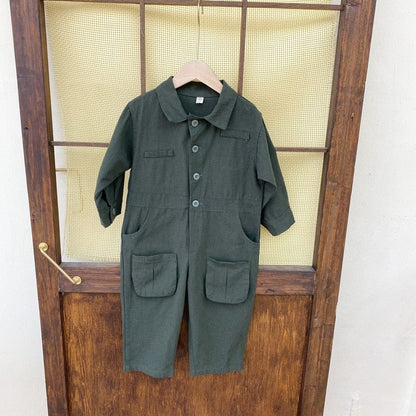 長袖ジャンプスーツ キッズ 長袖 シャツ ジャンプスーツ オーバーオール つなぎ ブルーグレー グリーン ボーイズ