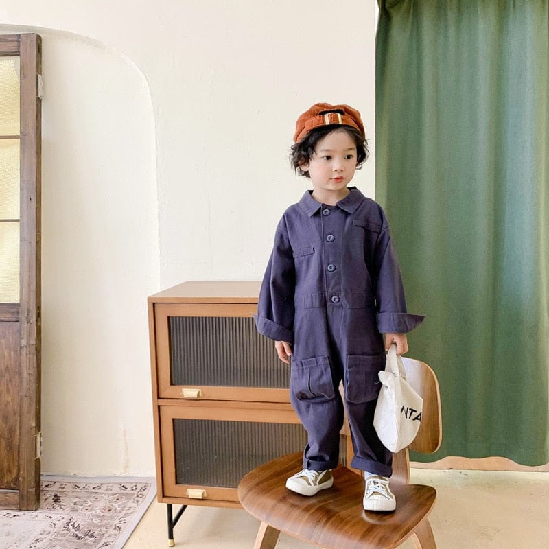 長袖ジャンプスーツ キッズ 長袖 シャツ ジャンプスーツ オーバーオール つなぎ ブルーグレー グリーン ボーイズ