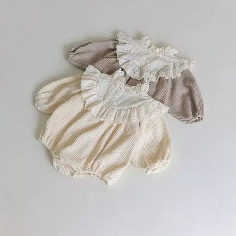 長袖ロンパース ☺︎ ベビー レース フリル スタンドカラー 長袖 ロンパース コーヒー ベージュ ガールズ