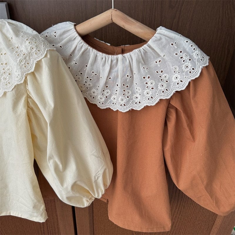 長袖シャツ・ブラウス キッズ レース サークルカラー フリル 長袖 ブラウス トップス アプリコット キャラメル ガールズ