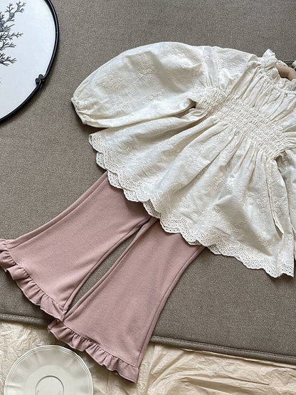 長袖シャツ・ブラウス キッズ レース 刺繍 長袖 ランタンスリーブ チュニック ブラウス トップス ガールズ