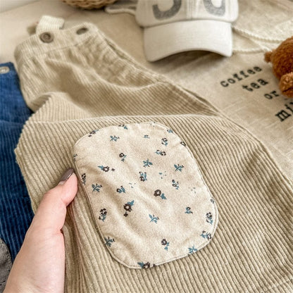 サロペットパンツ・サスペンダーパンツ キッズ コーデュロイ フラワー 膝パッチ サスペンダーパンツ サロペット パンツ ガールズ