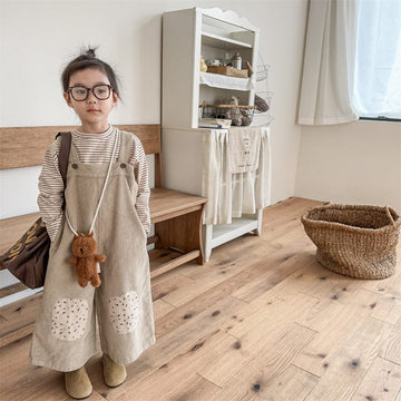 サロペットパンツ・サスペンダーパンツ キッズ コーデュロイ フラワー 膝パッチ サスペンダーパンツ サロペット パンツ ガールズ