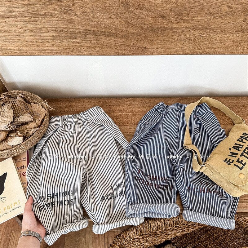 ロングパンツ・スウェットパンツ キッズ ストライプ レターロゴ プリント ルーズ ヒッコリー パンツ ボーイズ