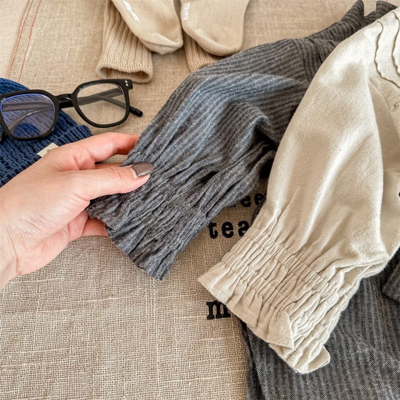 ショートコート・ジャケット・ジャンパー キッズ ストライプ ピンタック リボン ルーズ 長袖 ブラウス シャツ ジャケット ガールズ