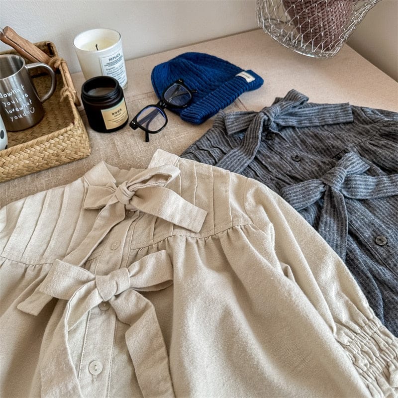 ショートコート・ジャケット・ジャンパー キッズ ストライプ ピンタック リボン ルーズ 長袖 ブラウス シャツ ジャケット ガールズ