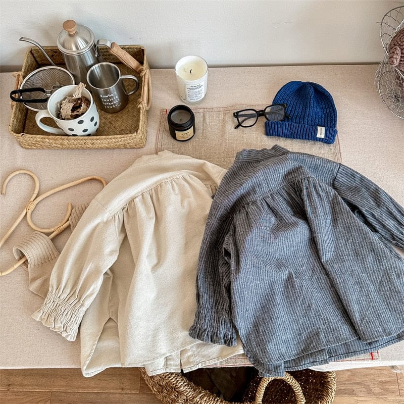 ショートコート・ジャケット・ジャンパー キッズ ストライプ ピンタック リボン ルーズ 長袖 ブラウス シャツ ジャケット ガールズ