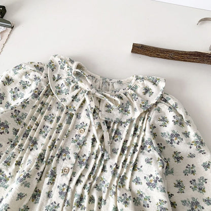 長袖シャツ・ブラウス ベビー キッズ フリル フラワー 花柄 ピンタック 長袖 チュニック ブラウス シャツ ガールズ
