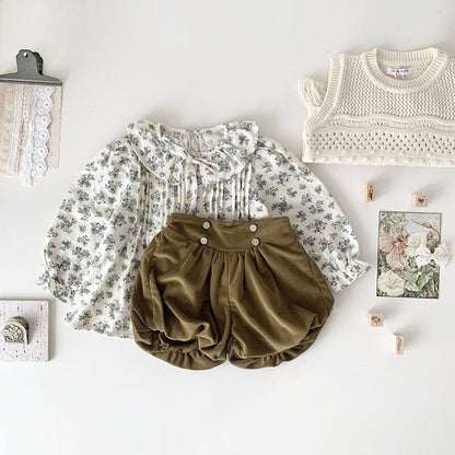 長袖シャツ・ブラウス ベビー キッズ フリル フラワー 花柄 ピンタック 長袖 チュニック ブラウス シャツ ガールズ