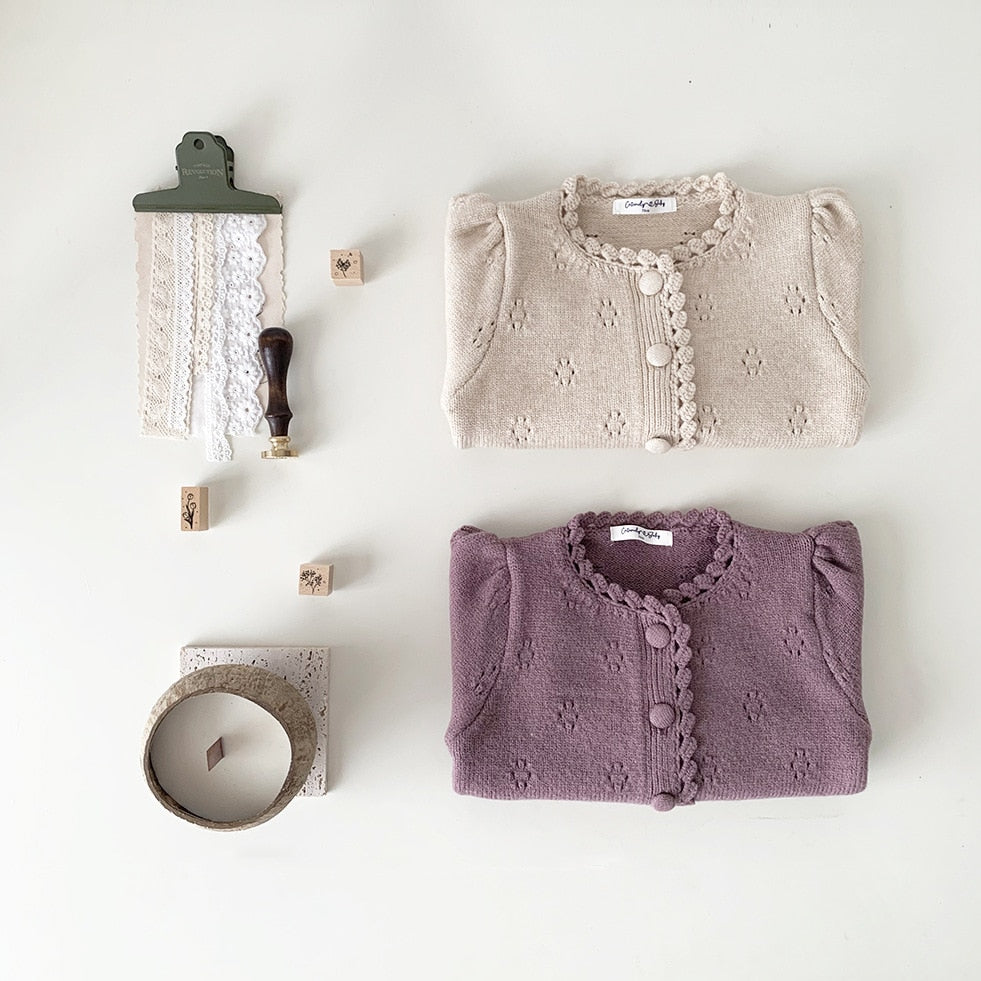 カーディガン・パーカー ベビー キッズ レースニット 長袖 パフスリーブ カーディガン ジャケット ガールズ