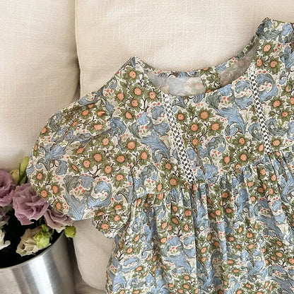 半袖ワンピース キッズ フラワー 花柄 レース 半袖 パフスリーブ ワンピース ガールズ