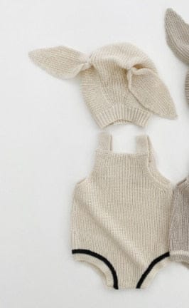 ノースリーブロンパース ベビー ニット サスペンダー ロンパース うさ耳 帽子 セット ガールズ
