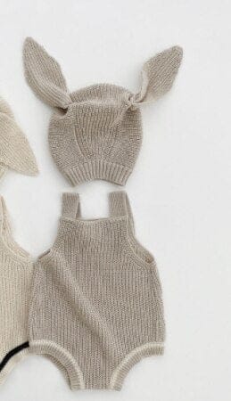 ノースリーブロンパース ベビー ニット サスペンダー ロンパース うさ耳 帽子 セット ガールズ