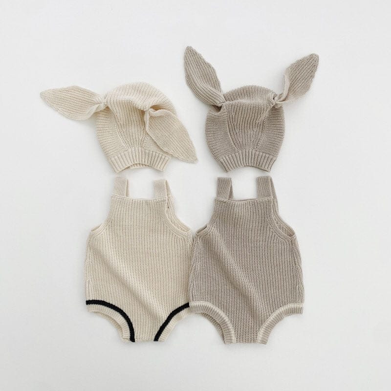 ノースリーブロンパース ベビー ニット サスペンダー ロンパース うさ耳 帽子 セット ガールズ