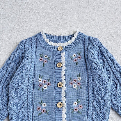 カーディガン・パーカー ベビー フラワー 花柄 刺繍 ニット カーディガン ブルー ピンク ベージュ ガールズ